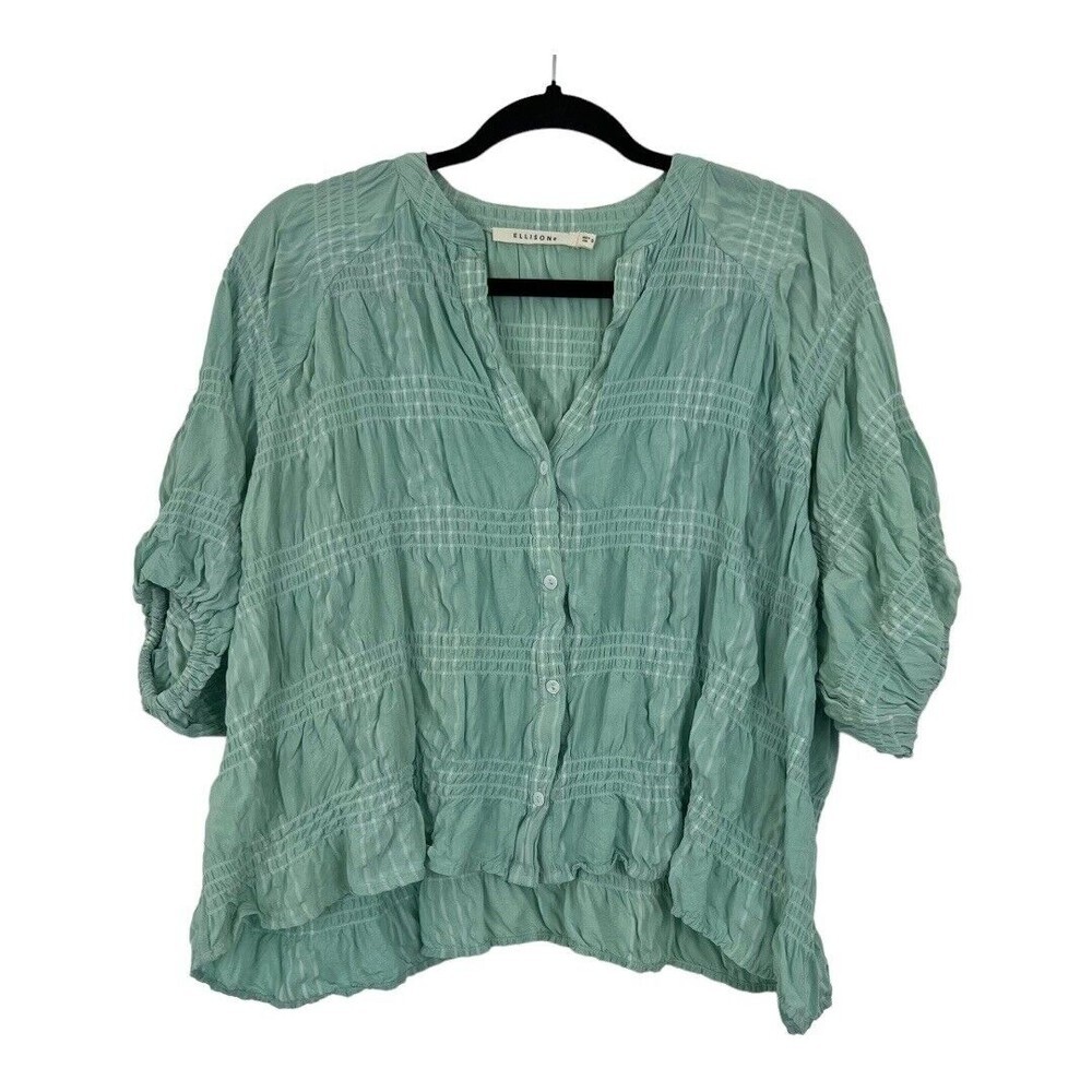 Ellison Womens Size Small Green White Crinkle Blouse